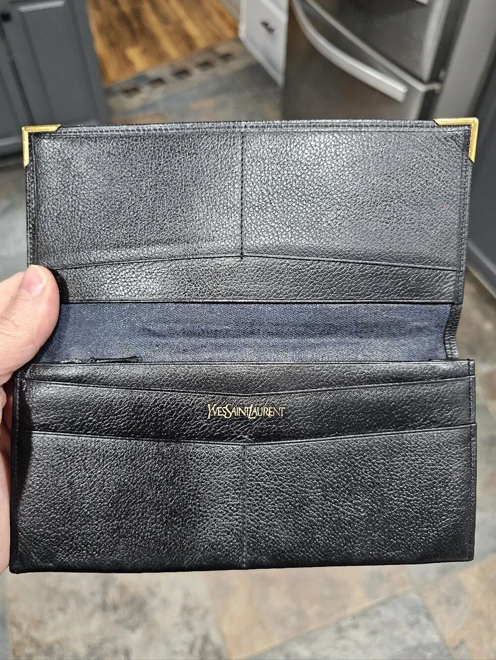 Yves Saint Laurent Black Leather Continental Wallet with Gold Corner Accents - Picture 7 of 16